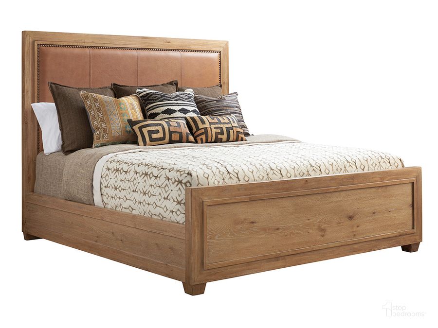 The appearance of Los Altos Natural Oak Stain Antilles Cal King Upholstered Panel Bed designed by Tommy Bahama in the transitional interior design. This brown piece of furniture  was selected by 1StopBedrooms from Los Altos Collection to add a touch of cosiness and style into your home. Sku: 01-0566-145C. Bed Type: Panel Bed. Material: Metal. Product Type: Panel Bed. Bed Size: California King. Image1
