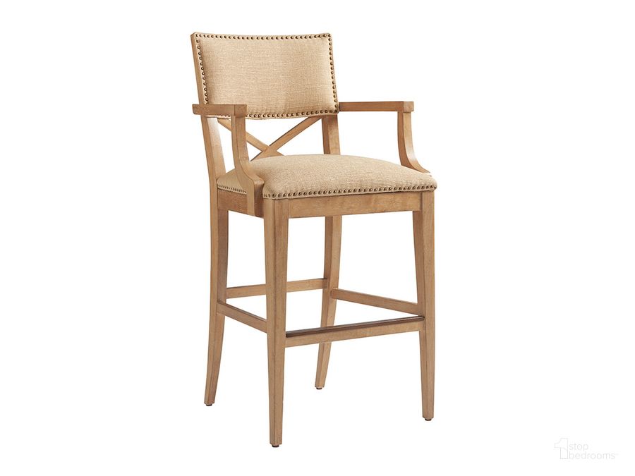 The appearance of Los Altos Natural Oak Stain Sutherland Upholstered Bar Stool Set Of 2 designed by Tommy Bahama in the traditional interior design. This brown piece of furniture  was selected by 1StopBedrooms from Los Altos Collection to add a touch of cosiness and style into your home. Sku: 01-0566-896-01. Material: Metal. Product Type: Barstool. Image1