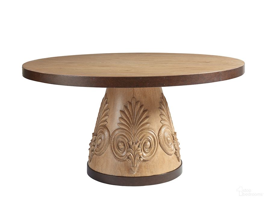 The appearance of Los Altos Natural Oak Stain Weston Round Dining Table designed by Tommy Bahama in the traditional interior design. This brown piece of furniture  was selected by 1StopBedrooms from Los Altos Collection to add a touch of cosiness and style into your home. Sku: 01-0566-875C. Table Base Style: Pedestal. Table Top Shape: Round. Material: Metal. Product Type: Dining Table. Size: 60". Image1
