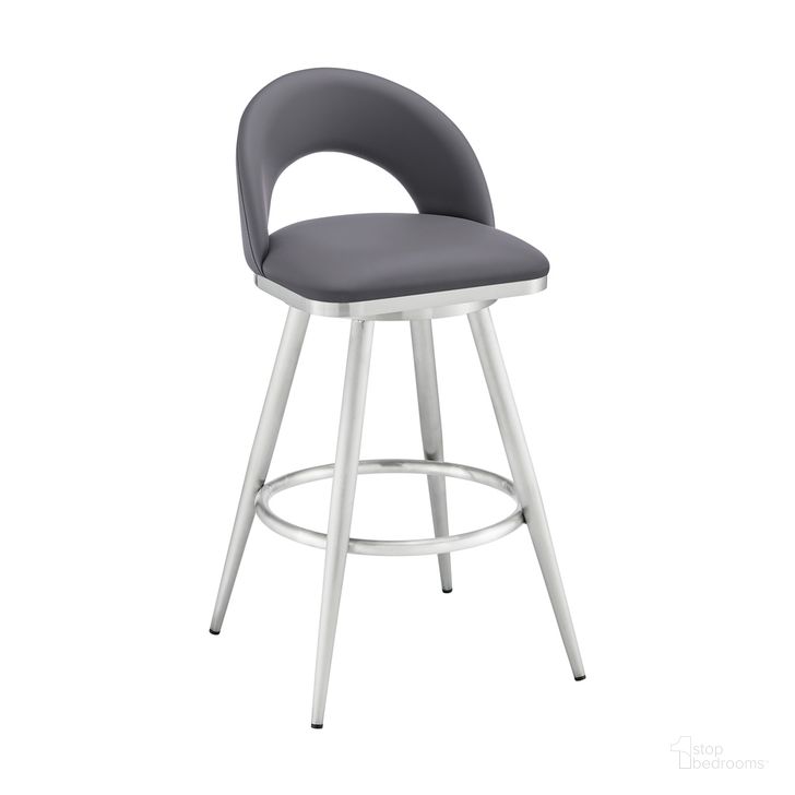 The appearance of Lottech Swivel Bar Stool In Brushed Stainless Steel with Gray Faux Leather designed by Armen Living in the modern / contemporary interior design. This gray piece of furniture  was selected by 1StopBedrooms from Lottech Collection to add a touch of cosiness and style into your home. Sku: 840254335417. Product Type: Barstool. Material: Stainless Steel. Image1