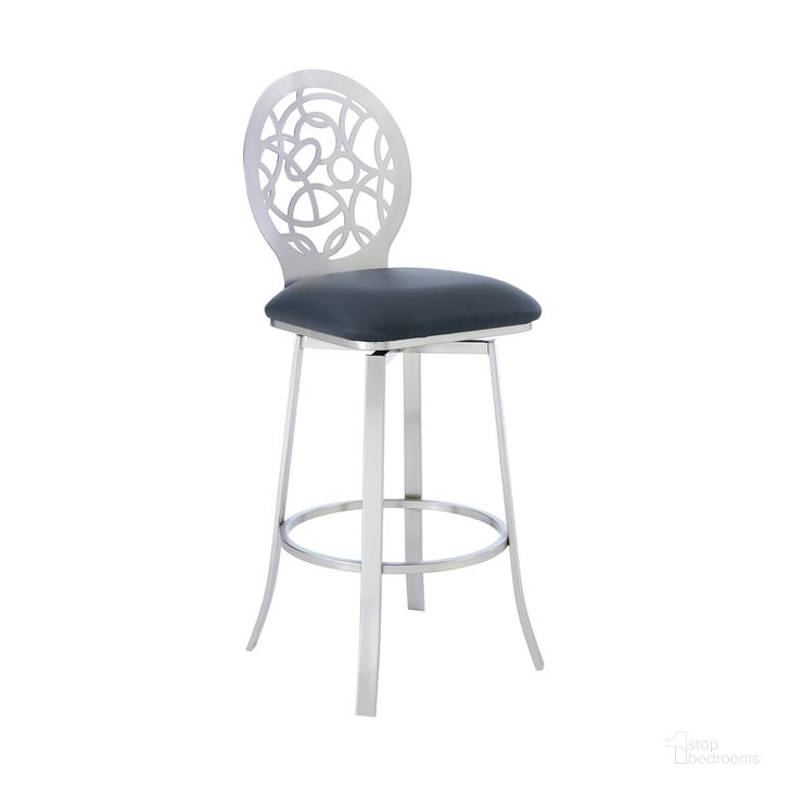 The appearance of Lotus Contemporary 30 Inch Bar Height Barstool In Brushed Stainless Steel Finish and Gray Faux Leather designed by Armen Living in the modern / contemporary interior design. This gray piece of furniture  was selected by 1StopBedrooms from Lotus Collection to add a touch of cosiness and style into your home. Sku: LCLTBABSGR30. Product Type: Barstool. Material: Stainless Steel. Image1