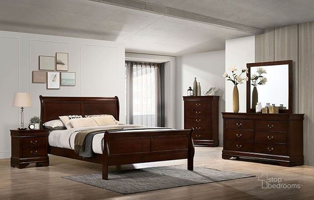 The appearance of Louis Philippe Cherry Youth Sleigh Bedroom Set designed by Furniture of America in the transitional interior design. This brown piece of furniture  was selected by 1StopBedrooms from Louis Philippe Collection to add a touch of cosiness and style into your home. Sku: CM7966CH-T-HBFB;CM7966CH-T-R;FM7866CH-N. Material: Wood. Product Type: Bedroom Set. Bed Size: Twin. Image1