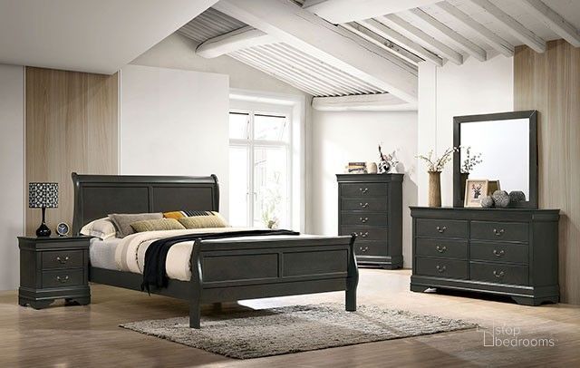 The appearance of Louis Philippe Gray Sleigh Bedroom Set designed by Furniture of America in the transitional interior design. This gray piece of furniture  was selected by 1StopBedrooms from Louis Philippe Collection to add a touch of cosiness and style into your home. Sku: CM7966GY-Q-HBFB;CM7966GY-Q-R;CM7966GY-N. Material: Wood. Product Type: Bedroom Set. Bed Size: Queen. Image1
