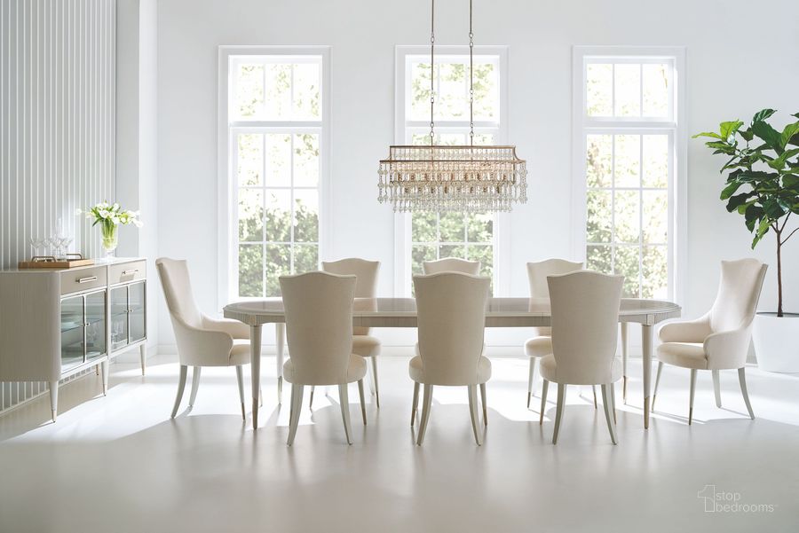 The appearance of Love Feast Matte Pearl And Whisper Of Gold Extendable Dining Room Set designed by Caracole in the transitional interior design. This beige/white piece of furniture  was selected by 1StopBedrooms from Caracole Classic Collection to add a touch of cosiness and style into your home. Sku: CLA-021-201;CLA-422-283. Material: Metal. Product Type: Dining Room Set. Size: 46". Image1