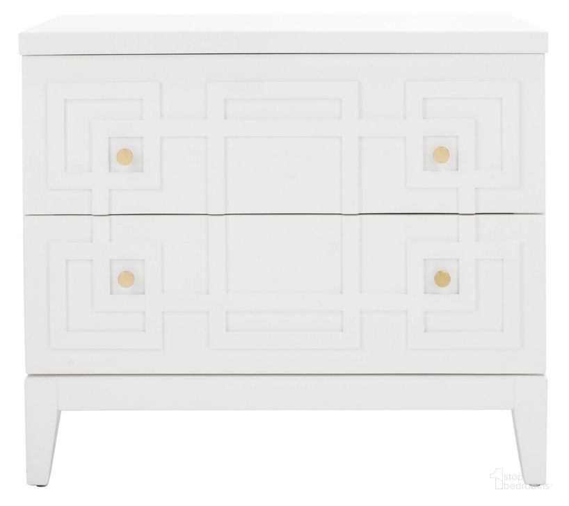 The appearance of Luiza 2 Drawer Nightstand in White and Gold designed by Safavieh in the modern / contemporary interior design. This white and gold piece of furniture  was selected by 1StopBedrooms from Luiza Collection to add a touch of cosiness and style into your home. Sku: NST6602A. Material: Wood. Product Type: Nightstand. Image1
