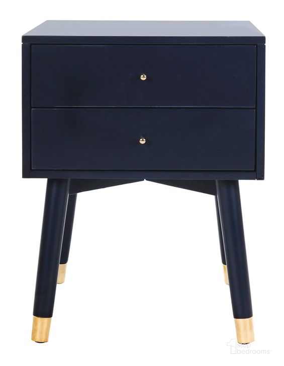 The appearance of Lyla Gold and Navy Mid Century Retro Gold Cap Nightstand designed by Safavieh in the rustic / southwestern interior design. This gold navy piece of furniture  was selected by 1StopBedrooms from Paloma Collection to add a touch of cosiness and style into your home. Sku: FOX6234A. Product Type: Nightstand. Material: Iron. Image1