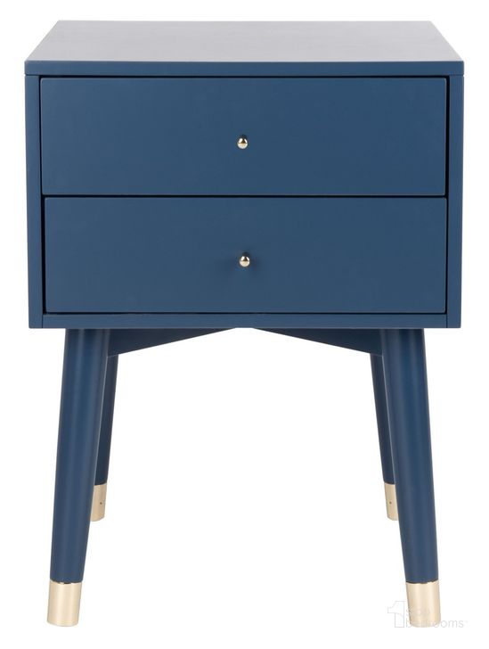 The appearance of Lyla Mid Century Retro Silver Cap Nightstand in Blue and Gold designed by Safavieh in the transitional interior design. This blue and gold piece of furniture  was selected by 1StopBedrooms from Lyla Collection to add a touch of cosiness and style into your home. Sku: FOX6234G. Material: Wood. Product Type: Nightstand. Image1