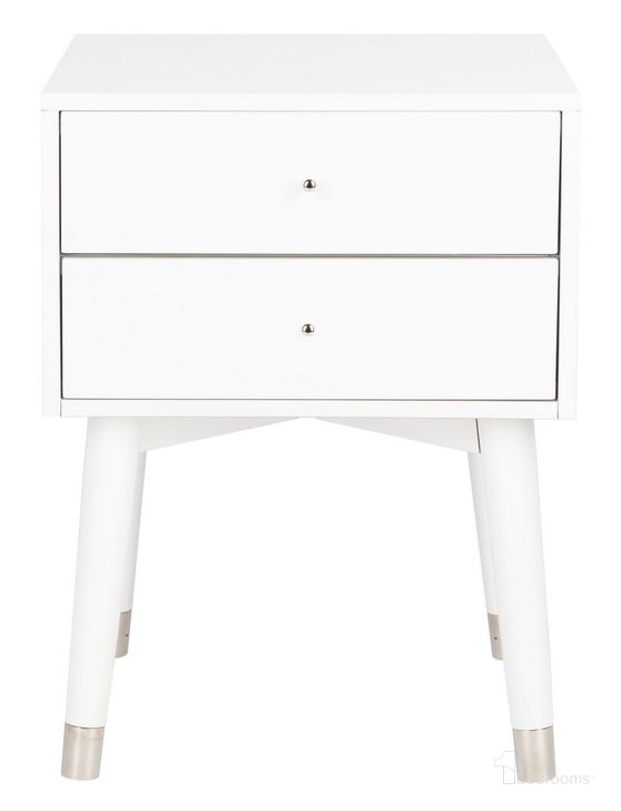 The appearance of Lyla Mid Century Retro Silver Cap Nightstand in White and Silver designed by Safavieh in the transitional interior design. This white/silver piece of furniture  was selected by 1StopBedrooms from Lyla Collection to add a touch of cosiness and style into your home. Sku: FOX6234H. Material: Wood. Product Type: Nightstand. Image1