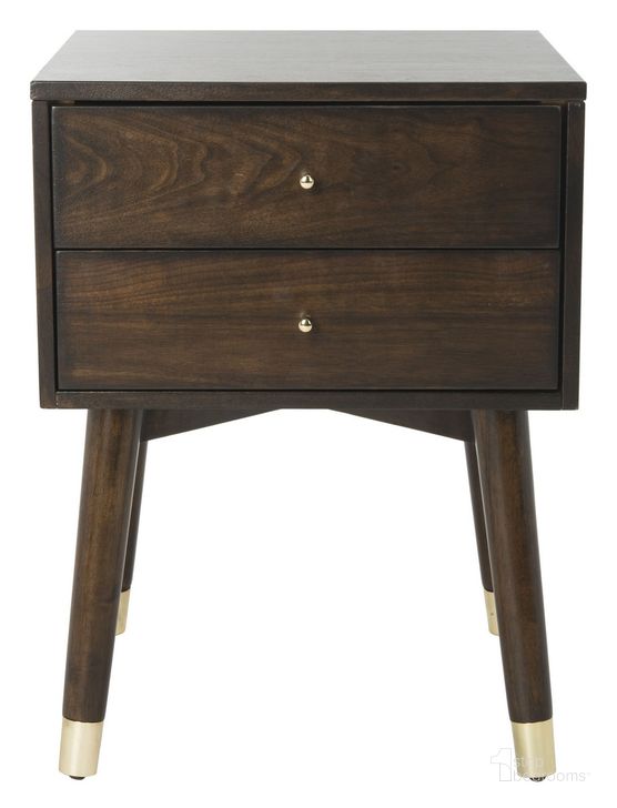 The appearance of Lyla Walnut/Gold Mid Century Retro Silver Cap Nightstand designed by Safavieh in the rustic / southwestern interior design. This walnut piece of furniture  was selected by 1StopBedrooms from Paloma Collection to add a touch of cosiness and style into your home. Sku: FOX6234E. Product Type: Nightstand. Material: Iron. Image1