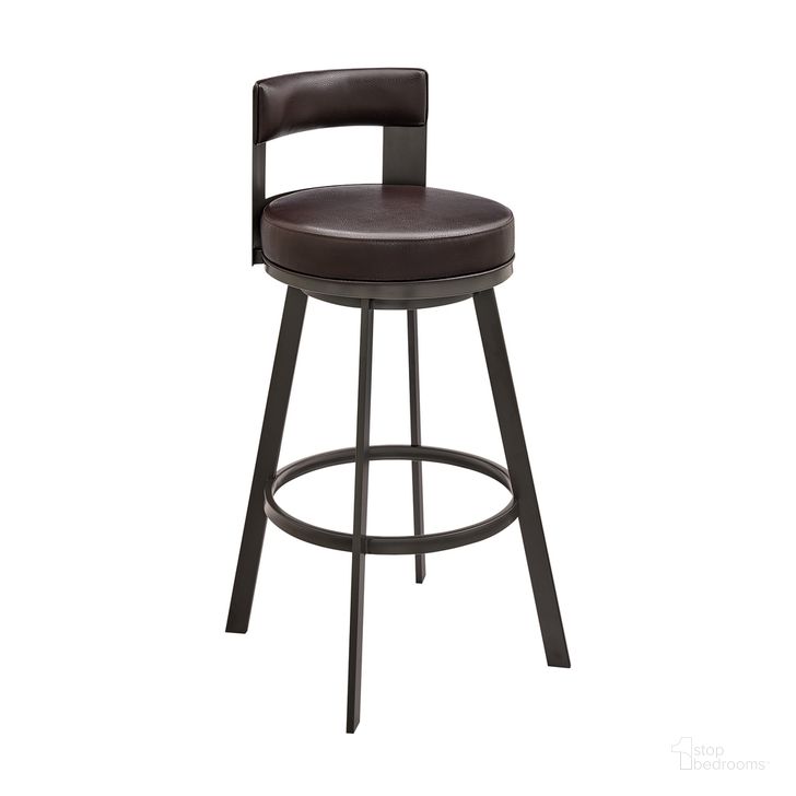 The appearance of Lynof Swivel Bar Stool In Brown designed by Armen Living in the modern / contemporary interior design. This brown piece of furniture  was selected by 1StopBedrooms from Lynof Collection to add a touch of cosiness and style into your home. Sku: 840254335509. Product Type: Barstool. Material: Iron. Image1