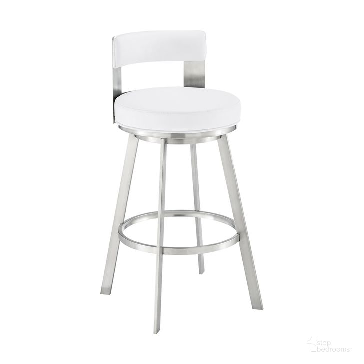 The appearance of Lynof Swivel Bar Stool In Brushed Stainless Steel with White Faux Leather designed by Armen Living in the modern / contemporary interior design. This white piece of furniture  was selected by 1StopBedrooms from Lynof Collection to add a touch of cosiness and style into your home. Sku: 840254335547. Product Type: Barstool. Material: Stainless Steel. Image1