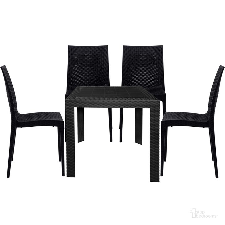The appearance of Mace 5 Piece Outdoor Dining Set In Black designed by LeisureMod in the transitional interior design. This black piece of furniture  was selected by 1StopBedrooms from Mace Collection to add a touch of cosiness and style into your home. Sku: MT31C19BL4. Material: Polypropylene. Product Type: Outdoor Dining Set. Image1