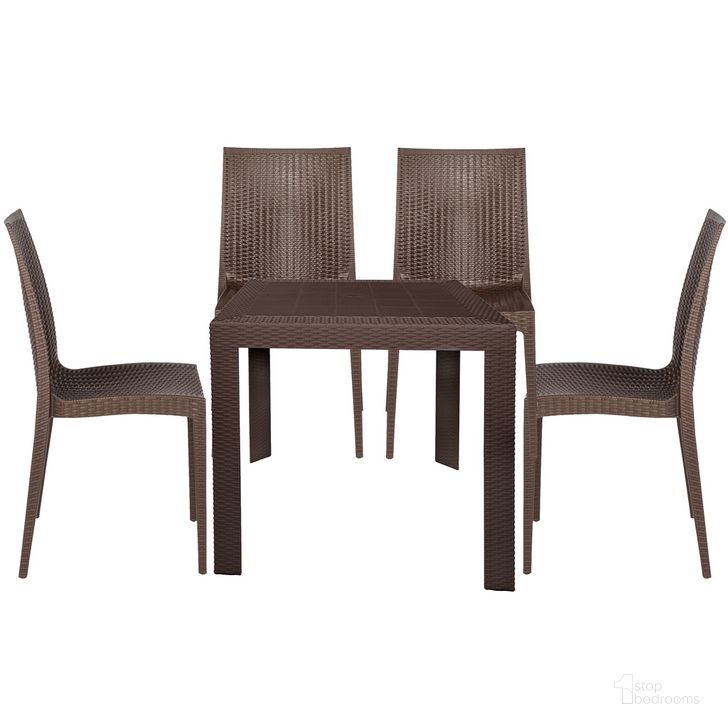 The appearance of Mace 5 Piece Outdoor Dining Set In Brown designed by LeisureMod in the transitional interior design. This brown piece of furniture  was selected by 1StopBedrooms from Mace Collection to add a touch of cosiness and style into your home. Sku: MT31C19BR4. Material: Polypropylene. Product Type: Outdoor Dining Set. Image1