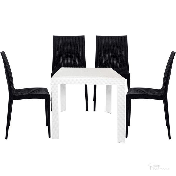The appearance of Mace 5 Piece Outdoor Dining Set In White and Black designed by LeisureMod in the transitional interior design. This white/black piece of furniture  was selected by 1StopBedrooms from Mace Collection to add a touch of cosiness and style into your home. Sku: MT31WC19BL4. Material: Polypropylene. Product Type: Outdoor Dining Set. Image1