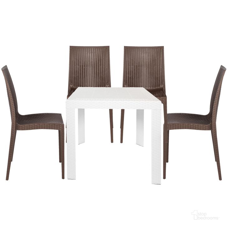 The appearance of Mace 5 Piece Outdoor Dining Set In White and Brown designed by LeisureMod in the transitional interior design. This white/brown piece of furniture  was selected by 1StopBedrooms from Mace Collection to add a touch of cosiness and style into your home. Sku: MT31WC19BR4. Material: Polypropylene. Product Type: Outdoor Dining Set. Image1