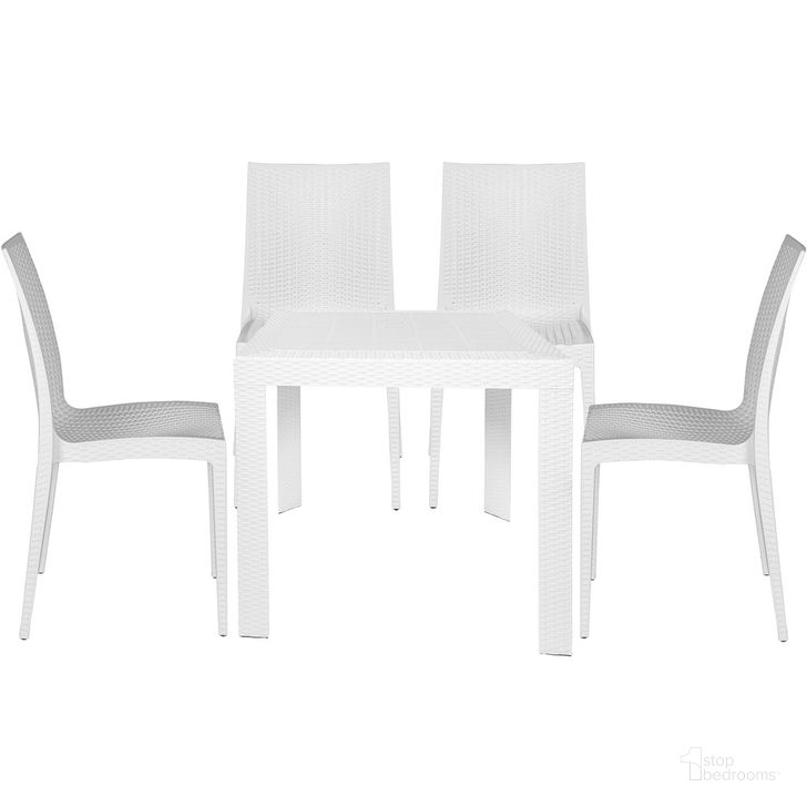 The appearance of Mace 5 Piece Outdoor Dining Set In White designed by LeisureMod in the transitional interior design. This white piece of furniture  was selected by 1StopBedrooms from Mace Collection to add a touch of cosiness and style into your home. Sku: MT31C19WH4. Material: Polypropylene. Product Type: Outdoor Dining Set. Image1