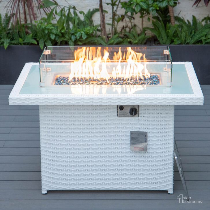 The appearance of Mace Wicker Patio Propane Fire Pit Table In White designed by LeisureMod in the modern / contemporary interior design. This white piece of furniture  was selected by 1StopBedrooms from Mace Collection to add a touch of cosiness and style into your home. Sku: CFW44G-W. Product Type: Outdoor Table. Material: Wicker. Image1