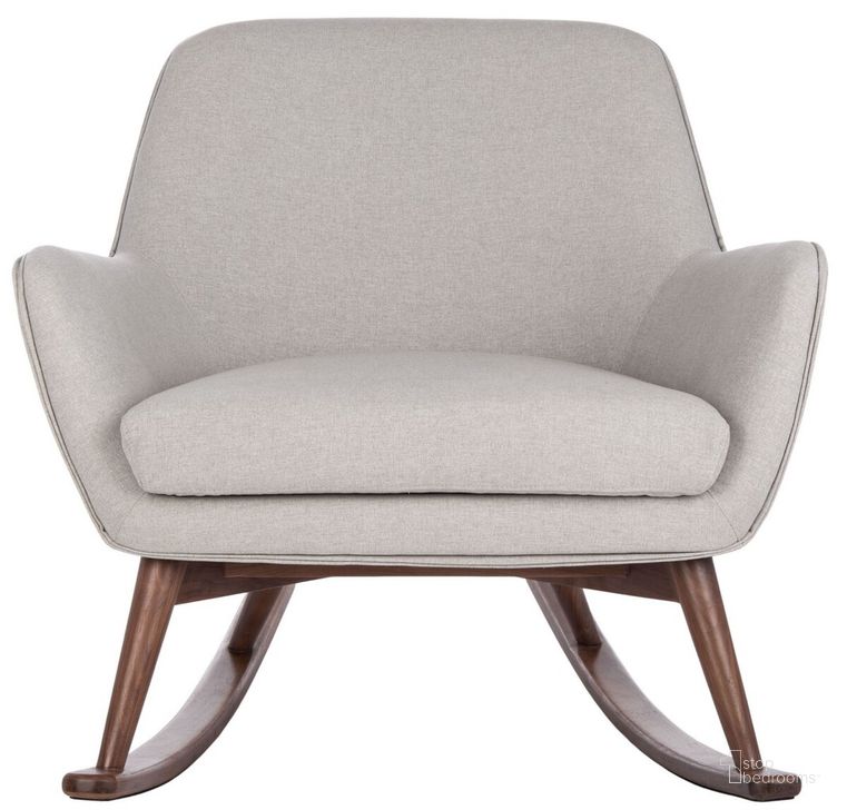 The appearance of Mack Mid-Century Rocking Chair In Light Grey designed by Safavieh Couture in the transitional interior design. This light grey piece of furniture  was selected by 1StopBedrooms from Mack Collection to add a touch of cosiness and style into your home. Sku: SFV4514A. Material: Wood. Product Type: Accent Chair. Image1