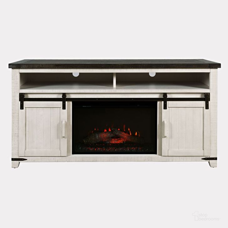 The appearance of Madison County Solid Pine 64 Inch Barn Door TV Stand Console with Electric Fireplace In Vintage White designed by Jofran in the country / farmhouse interior design. This vintage white piece of furniture  was selected by 1StopBedrooms from Madison County Collection to add a touch of cosiness and style into your home. Sku: 1706-FP6432. Product Type: TV Stand. Material: MDF. Image1