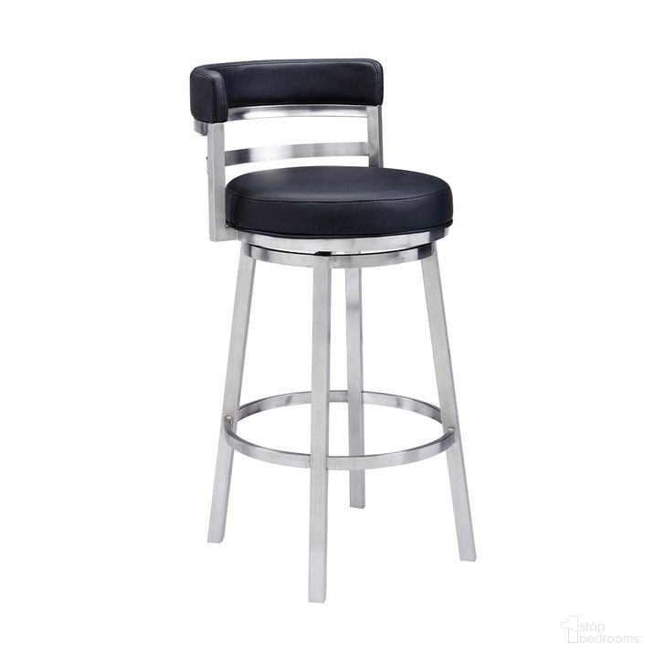 The appearance of Madrid 26 Inch Counter Height Swivel Black Faux Leather and Brushed Stainless Steel Bar Stool designed by Armen Living in the modern / contemporary interior design. This black piece of furniture  was selected by 1StopBedrooms from Madrid Collection to add a touch of cosiness and style into your home. Sku: LCMABABSBL26. Product Type: Barstool. Material: Stainless Steel. Image1