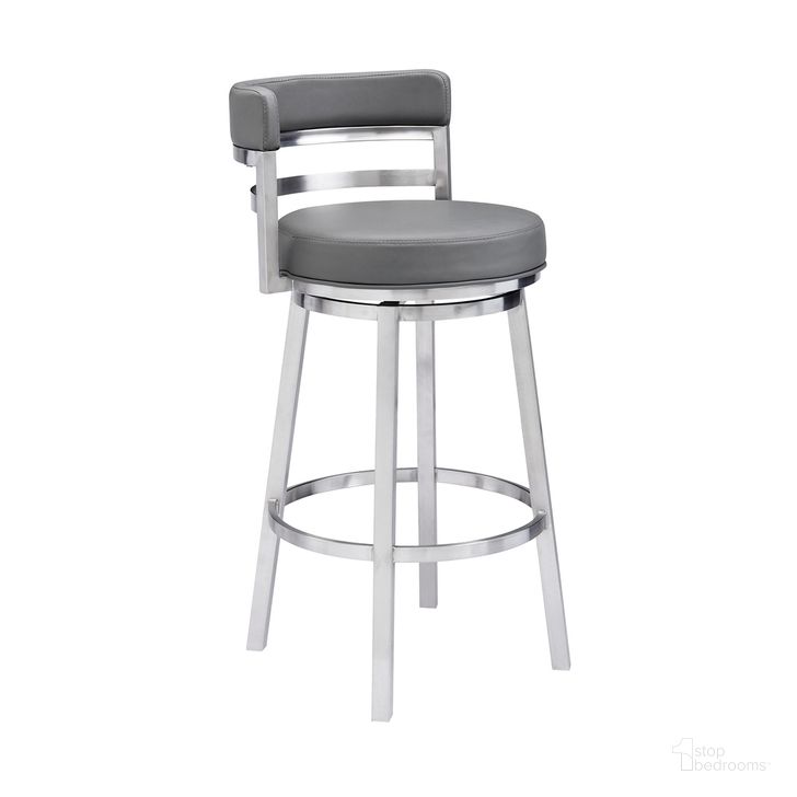 The appearance of Madrid 26 Inch Counter Height Swivel Gray Faux Leather and Brushed Stainless Steel Bar Stool designed by Armen Living in the modern / contemporary interior design. This gray piece of furniture  was selected by 1StopBedrooms from Madrid Collection to add a touch of cosiness and style into your home. Sku: LCMABABSGR26. Product Type: Barstool. Material: Stainless Steel. Image1