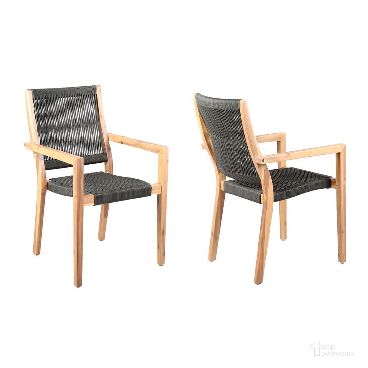 The appearance of Madsen Outdoor Eucalyptus Wood and Charcoal Rope Dining Chair Set of 2 with Gray Teak Finish designed by Armen Living in the modern / contemporary interior design. This charcoal piece of furniture  was selected by 1StopBedrooms from Madsen Collection to add a touch of cosiness and style into your home. Sku: LCMASICHEU. Material: Wood. Product Type: Outdoor Dining Chair. Image1