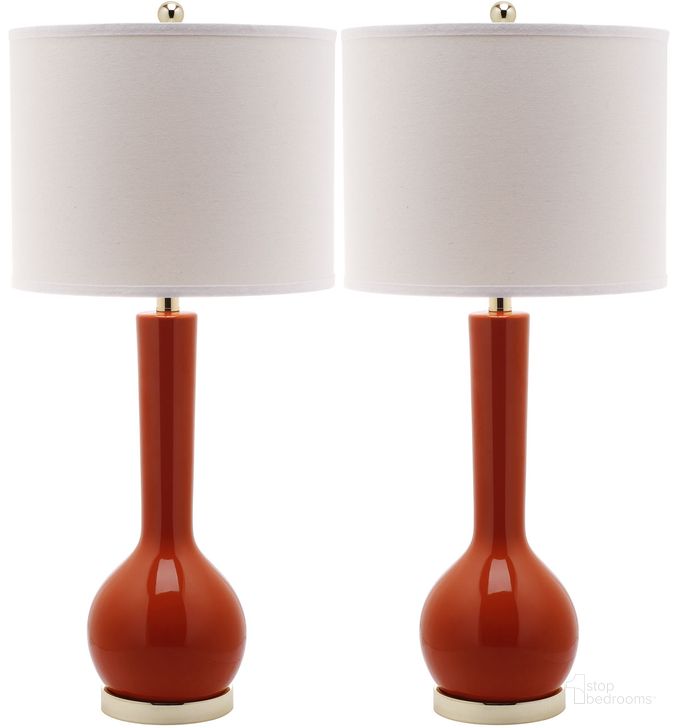 The appearance of Mae Blood Orange and Off-White 30.5 Inch Long Neck Ceramic Table Lamp Set of 2 designed by Safavieh in the modern / contemporary interior design. This orange piece of furniture  was selected by 1StopBedrooms from Mae Collection to add a touch of cosiness and style into your home. Sku: LIT4091D-SET2. Product Type: Table Lamp. Image1