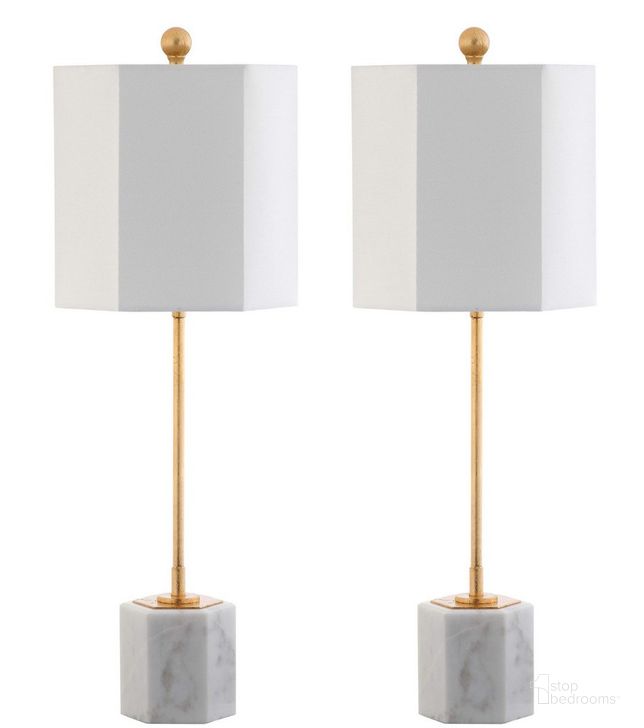 The appearance of Magdalene White/Gold Leaf Marble Table Lamp Set of 2 designed by Safavieh in the modern / contemporary interior design. This white piece of furniture  was selected by 1StopBedrooms from Safavieh TBL Collection to add a touch of cosiness and style into your home. Sku: TBL4069A-SET2. Product Type: Table Lamp. Image1
