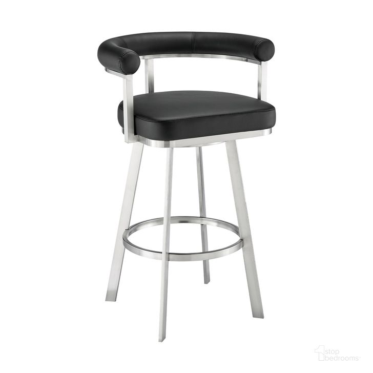 The appearance of Magnolia 26 Inch Swivel Counter Stool In Brushed Stainless Steel with Black Faux Leather designed by Armen Living in the modern / contemporary interior design. This black piece of furniture  was selected by 1StopBedrooms from Magnolia Collection to add a touch of cosiness and style into your home. Sku: LCMGBABSBLK26. Material: Faux Leather. Product Type: Barstool. Image1