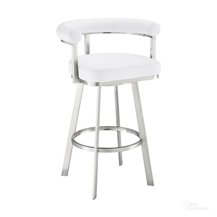 The appearance of Magnolia 26 Inch Swivel Counter Stool In Brushed Stainless Steel with White Faux Leather designed by Armen Living in the modern / contemporary interior design. This white piece of furniture  was selected by 1StopBedrooms from Magnolia Collection to add a touch of cosiness and style into your home. Sku: LCMGBABSWHI26. Material: Faux Leather. Product Type: Barstool. Image1
