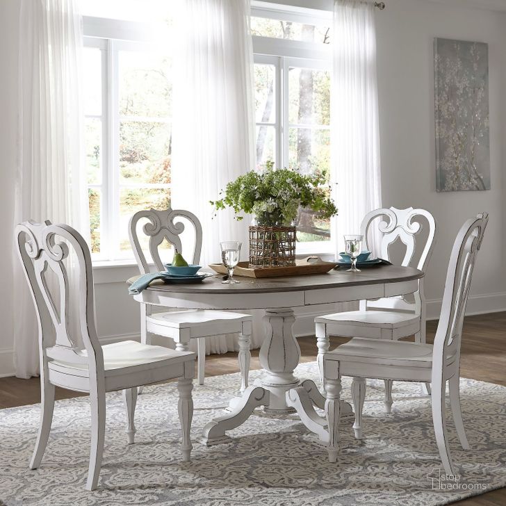 The appearance of Magnolia Manor Antique White And Weathered Bark Extendable Dining Room Set designed by Liberty in the traditional interior design. This antique white piece of furniture  was selected by 1StopBedrooms from Magnolia Manor Collection to add a touch of cosiness and style into your home. Sku: 244-T4260;244-P4260;244-C2500S. Material: Wood. Product Type: Dining Room Set. Image1