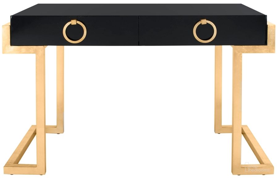 The appearance of Maia 2-Drawer Desk In Black And Gold Leaf designed by Safavieh Couture in the modern / contemporary interior design. This gold piece of furniture  was selected by 1StopBedrooms from Maia Collection to add a touch of cosiness and style into your home. Sku: SFV3504A. Material: Wood. Product Type: Desk. Image1