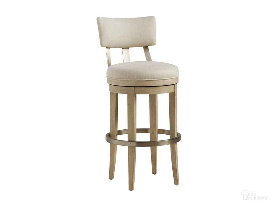 The appearance of Malibu Cliffside Swivel Upholstered Bar Stool designed by Barclay Butera in the transitional interior design. This white piece of furniture  was selected by 1StopBedrooms from Malibu Collection to add a touch of cosiness and style into your home. Sku: 01-0926-896-01. Product Type: Barstool. Image1