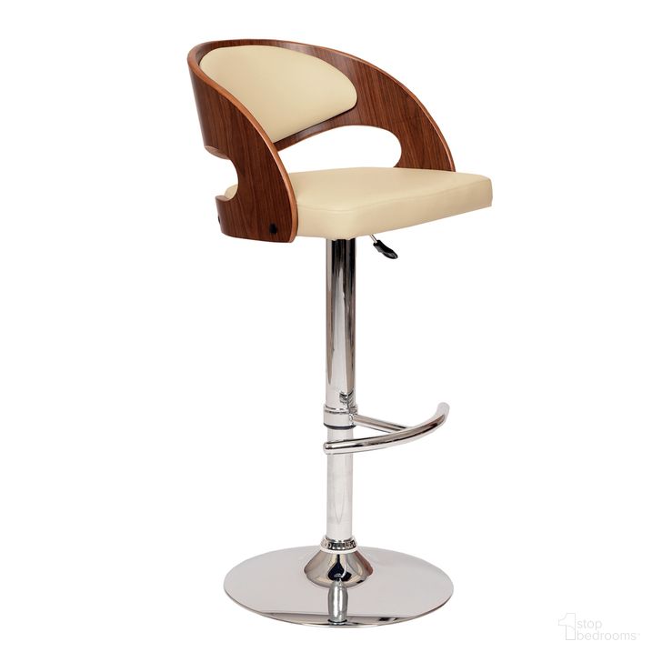 The appearance of Malibu Swivel Barstool In Cream Pu and Walnut Veneer and Chrome Base designed by Armen Living in the modern / contemporary interior design. This cream piece of furniture  was selected by 1StopBedrooms from Malibu Collection to add a touch of cosiness and style into your home. Sku: LCMASWBACRWA. Material: Metal. Product Type: Barstool. Image1