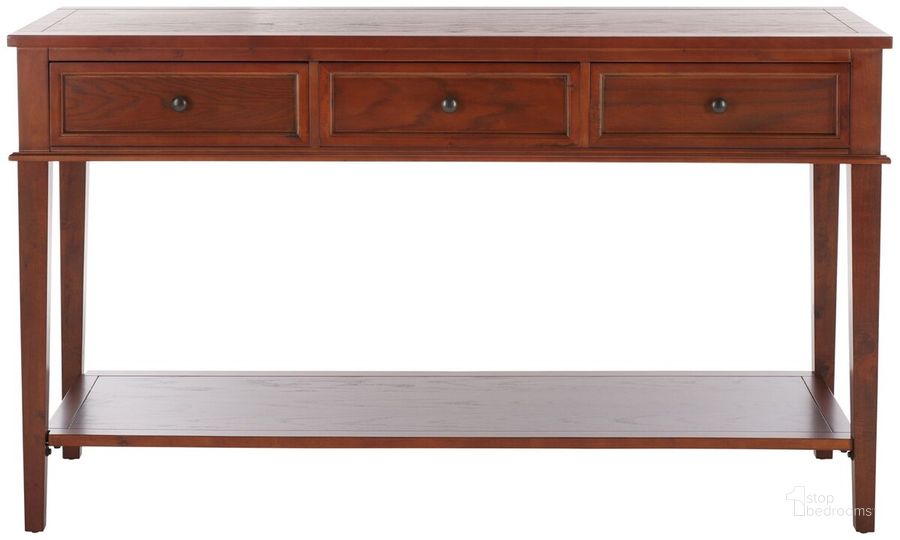 The appearance of Manelin Sepia Console with 3 Storage Drawers designed by Safavieh in the transitional interior design. This sepia piece of furniture  was selected by 1StopBedrooms from Manelin Collection to add a touch of cosiness and style into your home. Sku: AMH6641A. Material: Wood. Product Type: Console. Image1