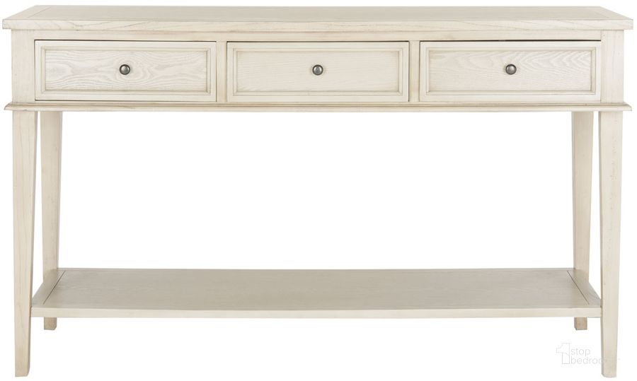 The appearance of Manelin White Wash Console with 3 Storage Drawers designed by Safavieh in the modern / contemporary interior design. This washed white piece of furniture  was selected by 1StopBedrooms from Manelin Collection to add a touch of cosiness and style into your home. Sku: AMH6641B. Material: Wood. Product Type: Console. Image1