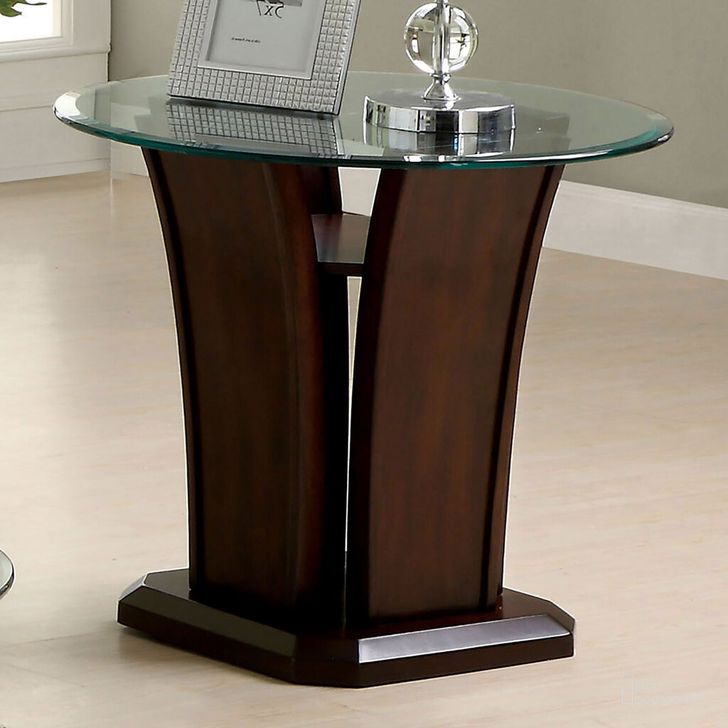 The appearance of Manhattan End Table In Brown Cherry designed by Furniture of America in the modern / contemporary interior design. This brown cherry piece of furniture  was selected by 1StopBedrooms from Manhattan Collection to add a touch of cosiness and style into your home. Sku: CM4104E-T;CM4104E-B. Material: Wood. Product Type: End Table. Image1