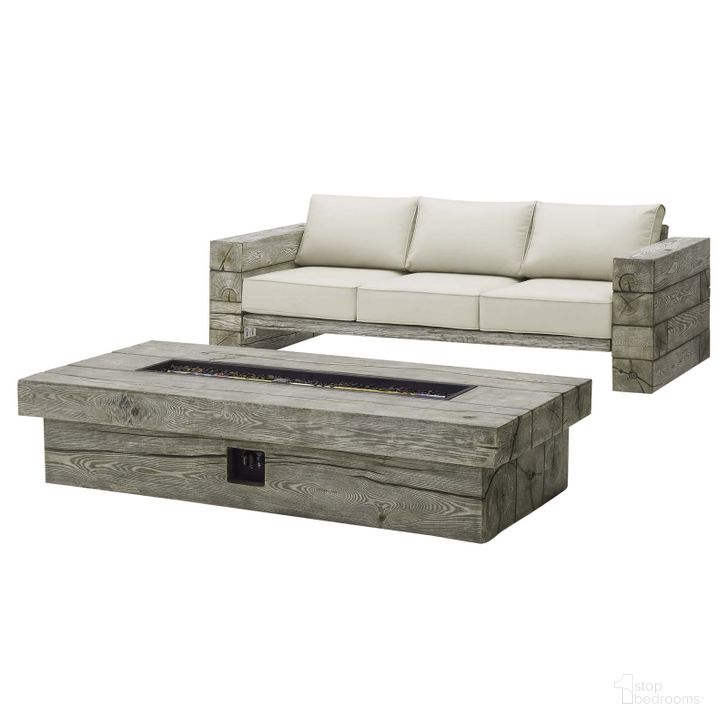 The appearance of Manteo Light Gray Beige Rustic Coastal Outdoor Patio Sofa and Fire Pit Set designed by Modway in the modern / contemporary interior design. This light gray beige piece of furniture  was selected by 1StopBedrooms from Manteo Collection to add a touch of cosiness and style into your home. Sku: EEI-3654-LGR-BEI-SET. Material: Wood. Product Type: Outdoor Conversation Set. Image1