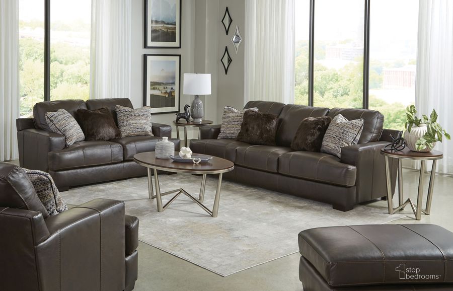 The appearance of Marco Chocolate Living Room Set designed by Jackson in the transitional interior design. This brown piece of furniture  was selected by 1StopBedrooms from Marco Collection to add a touch of cosiness and style into your home. Sku: 450703127389307389;450702127389307389. Material: Leather. Product Type: Living Room Set. Image1