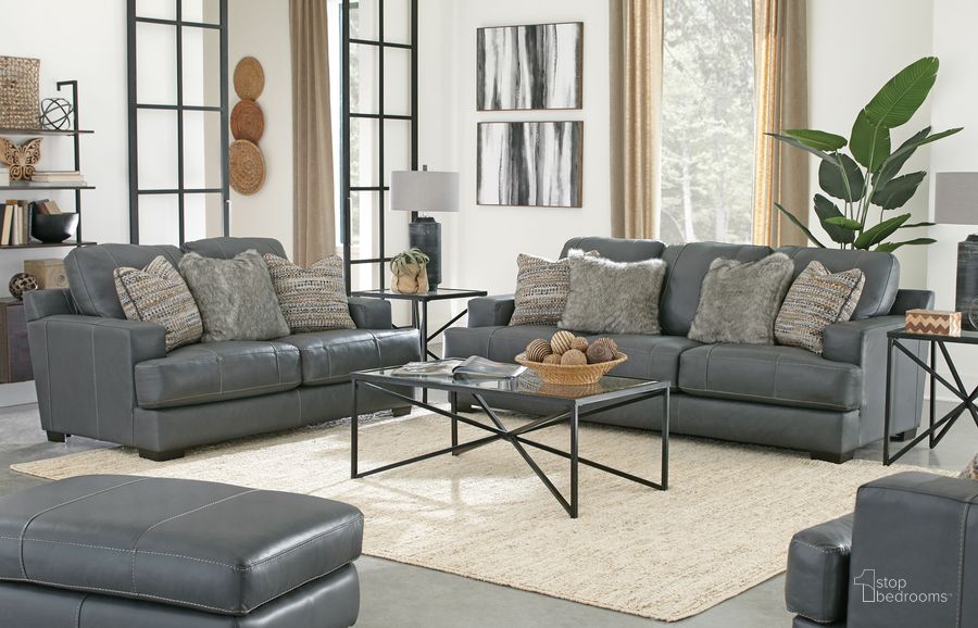 The appearance of Marco Gunmetal Living Room Set designed by Jackson in the transitional interior design. This black piece of furniture  was selected by 1StopBedrooms from Marco Collection to add a touch of cosiness and style into your home. Sku: 450703127358307358;450702127358307358. Material: Leather. Product Type: Living Room Set. Image1