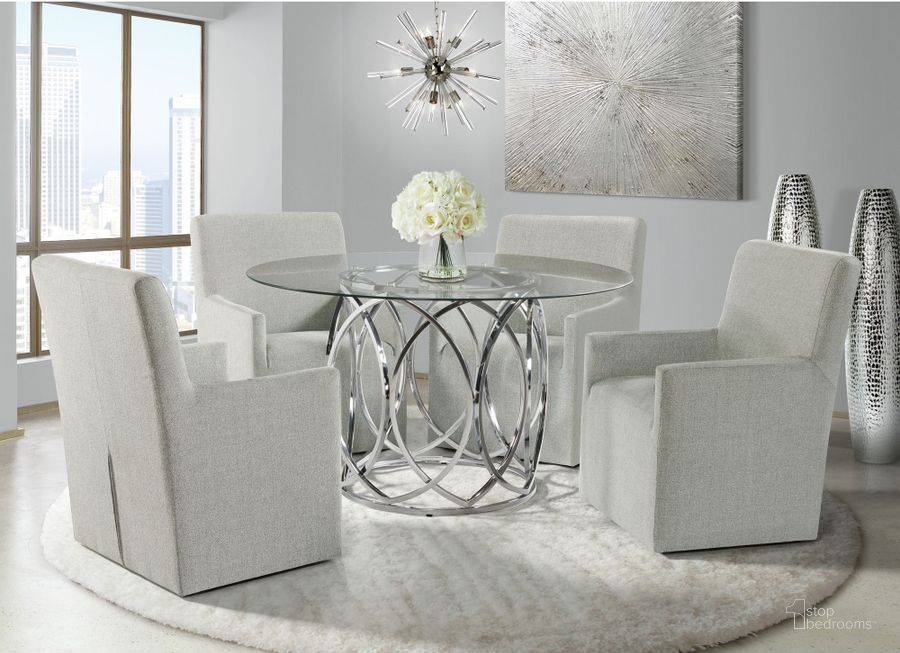 The appearance of Marcy Glass And Chrome Round Dining Room Set designed by Picket House in the transitional interior design. This chrome piece of furniture  was selected by 1StopBedrooms from Marcy Collection to add a touch of cosiness and style into your home. Sku: CDML100DTT;CDML100DTB;CNO300AC. Material: Metal. Product Type: Dining Room Set. Size: 53". Image1