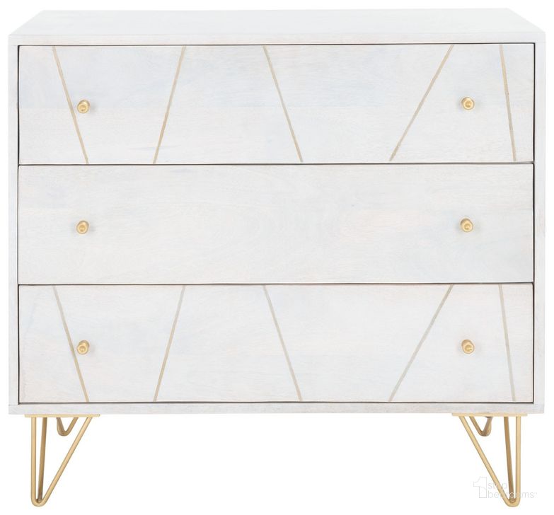 The appearance of Marigold 3 Drawer Chest in White Wash CHS9001C designed by Safavieh in the modern / contemporary interior design. This white and gold piece of furniture  was selected by 1StopBedrooms from Marigold Collection to add a touch of cosiness and style into your home. Sku: CHS9001C. Material: Wood. Product Type: Chest. Image1
