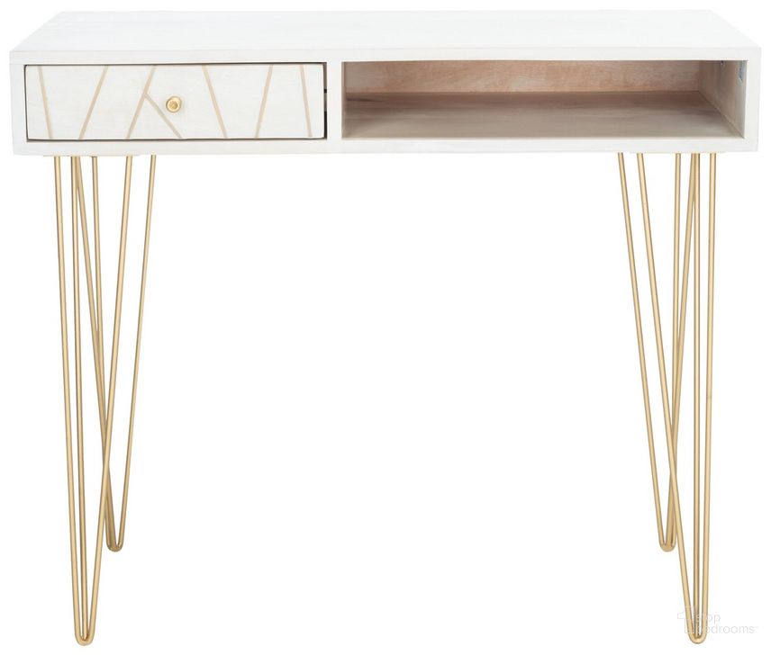 The appearance of Marigold Desk in White Wash DSK9001C designed by Safavieh in the modern / contemporary interior design. This white and gold piece of furniture  was selected by 1StopBedrooms from Marigold Collection to add a touch of cosiness and style into your home. Sku: DSK9001C. Material: Wood. Product Type: Desk. Image1