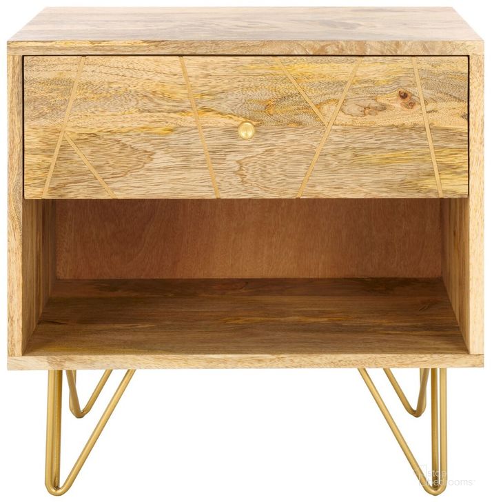 The appearance of Marigold Natural and Brass Nightstand designed by Safavieh in the modern / contemporary interior design. This natural piece of furniture  was selected by 1StopBedrooms from Marigold Collection to add a touch of cosiness and style into your home. Sku: NST9001A. Product Type: Nightstand. Material: Iron. Image1