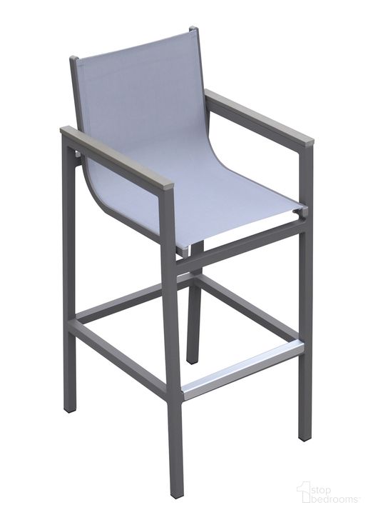 The appearance of Marina Outdoor Patio Barstool In Gray Powder Coated Finish with Gray Sling Textilene and Gray Wood Accent Arms designed by Armen Living in the modern / contemporary interior design. This gray piece of furniture  was selected by 1StopBedrooms from Marina Collection to add a touch of cosiness and style into your home. Sku: LCMABAGR. Material: Aluminum. Product Type: Outdoor Bar Furniture. Image1