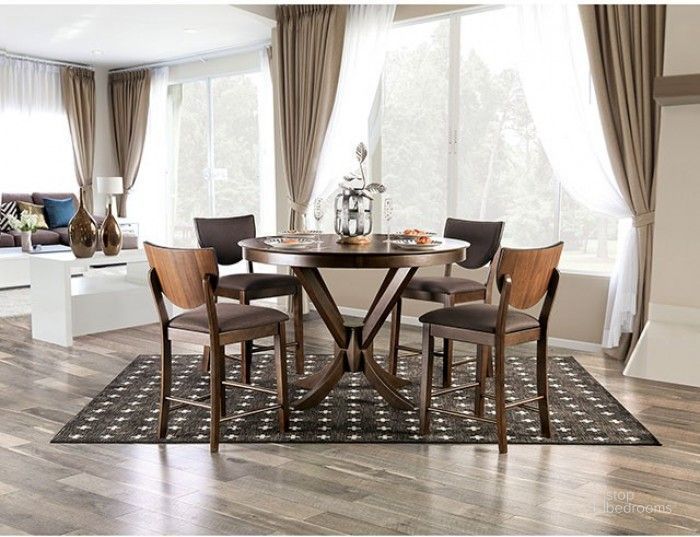 The appearance of Marina Walnut Round Counter Height Dining Room Set designed by Furniture of America in the transitional interior design. This brown piece of furniture  was selected by 1StopBedrooms from Marina Collection to add a touch of cosiness and style into your home. Sku: FOA3787RPT-1;FOA3787RPT-2;FOA3787PC-2PK. Material: Wood. Product Type: Dining Room Set. Size: 53". Image1