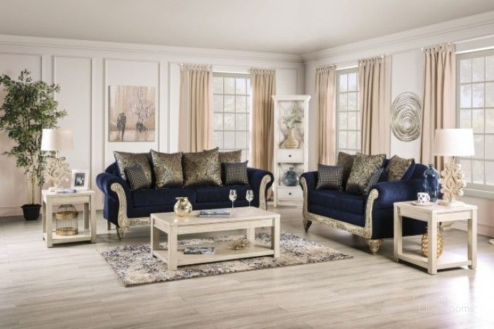 The appearance of Marinella Royal Blue Living Room Set designed by Furniture of America in the traditional interior design. This blue piece of furniture  was selected by 1StopBedrooms from Marinella Collection to add a touch of cosiness and style into your home. Sku: SM7744-SF;SM7744-LV. Material: Wood. Product Type: Living Room Set. Image1