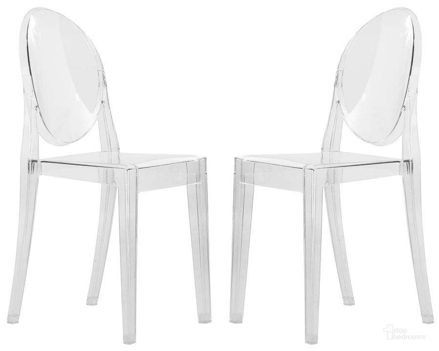 The appearance of Marion Transparent Acrylic Chair Set of 2 In Clear designed by LeisureMod in the modern / contemporary interior design. This clear piece of furniture  was selected by 1StopBedrooms from Marion Collection to add a touch of cosiness and style into your home. Sku: GV19CL2. Product Type: Accent Chair. Material: Acrylic. Image1