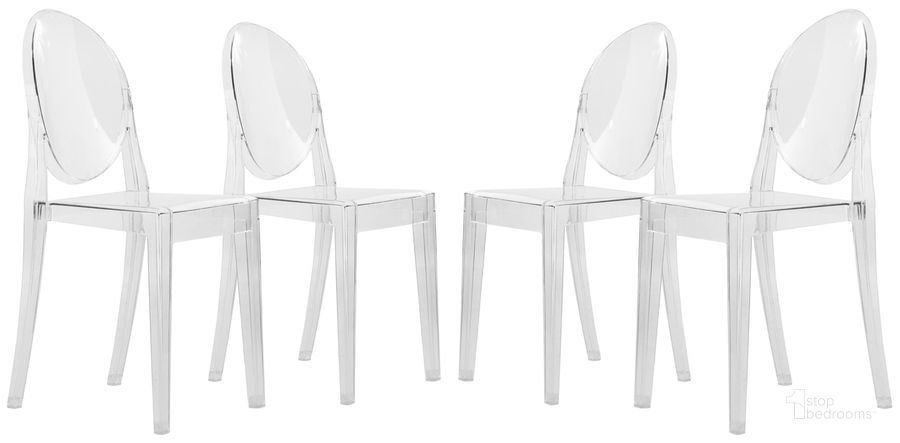 The appearance of Marion Transparent Acrylic Chair Set of 4 In Clear designed by LeisureMod in the modern / contemporary interior design. This clear piece of furniture  was selected by 1StopBedrooms from Marion Collection to add a touch of cosiness and style into your home. Sku: GV19CL4. Product Type: Accent Chair. Material: Acrylic. Image1