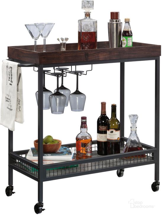 The appearance of Market Commons Bar Cart In Rich Walnut designed by Sauder in the transitional interior design. This rich walnut piece of furniture  was selected by 1StopBedrooms from Market Commons Collection to add a touch of cosiness and style into your home. Sku: 431216. Product Type: Bar Cart. Material: Engineered Wood. Image1